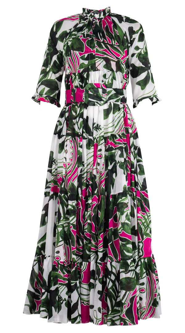 Eden Dress Crew Neck 3/4 Sleeve Maxi Length Cotton Musola (Como Lake Garden White)