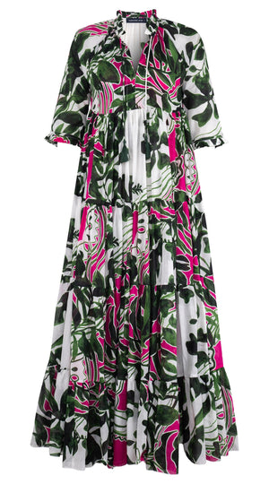 Eden Dress Crew Neck 3/4 Sleeve Maxi Length Cotton Musola (Como Lake Garden White)
