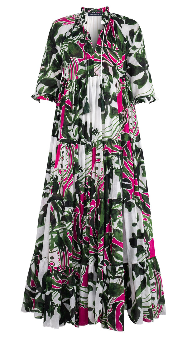 Eden Dress Crew Neck 3/4 Sleeve Maxi Length Cotton Musola (Como Lake Garden White)