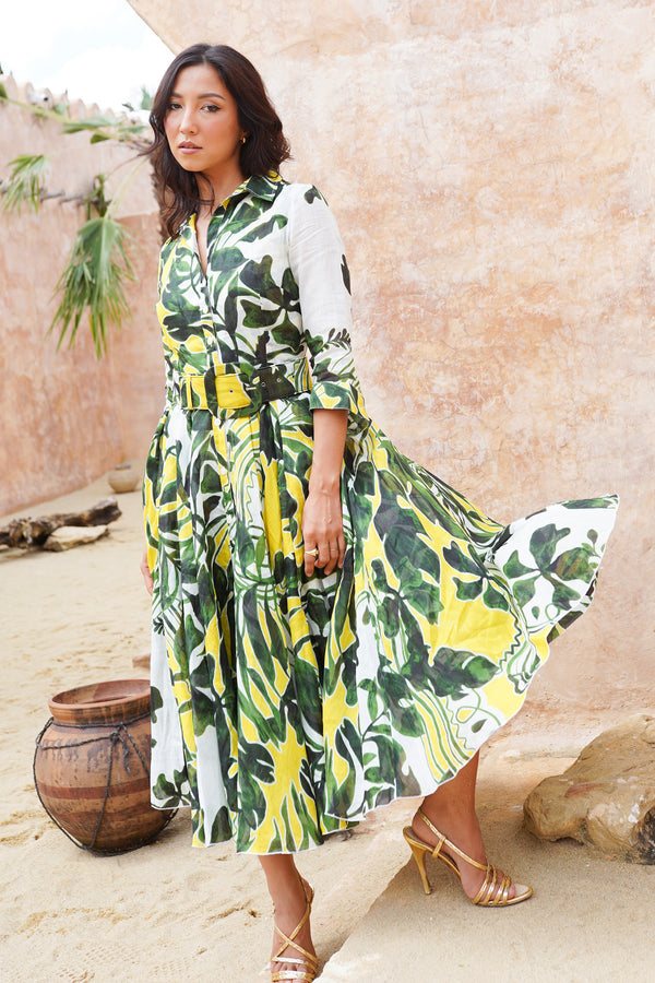 Aster Dress Shirt Collar 3/4 Sleeve Midi Length Ramie (Como Lake Garden White)