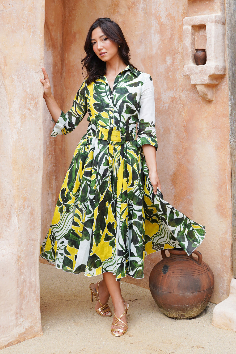 Aster Dress Shirt Collar 3/4 Sleeve Midi Length Cotton Musola (Como Lake Garden White)