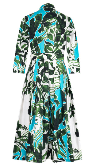 Audrey Dress #2 Shirt Collar 3/4 Sleeve Midi Length Cotton Stretch (Como Lake Garden White)