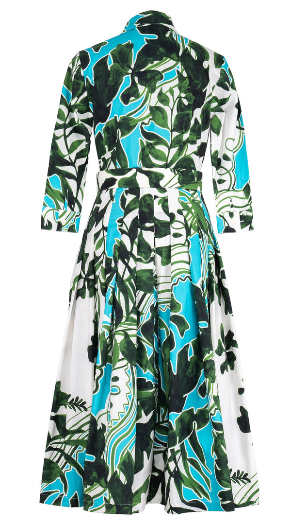 Audrey Dress #2 Shirt Collar 3/4 Sleeve Midi Length Cotton Stretch (Como Lake Garden White)