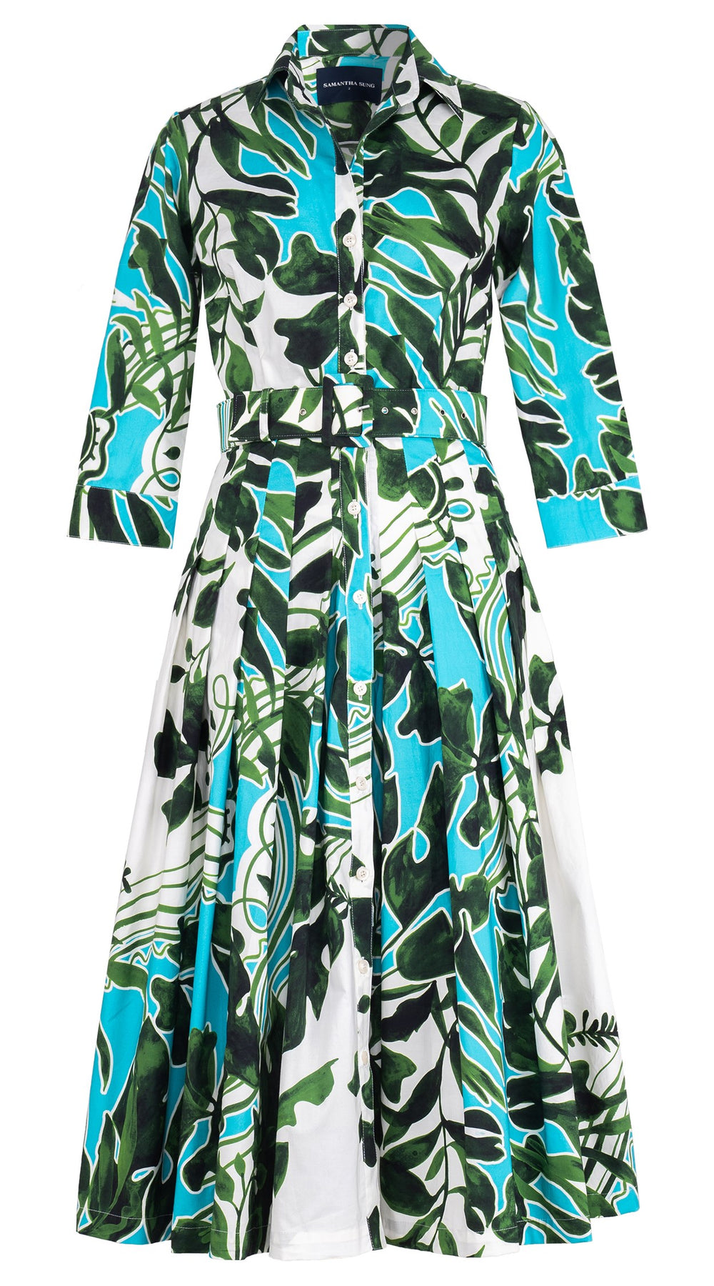 Audrey Dress #2 Shirt Collar 3/4 Sleeve Midi Length Cotton Stretch (Como Lake Garden White)