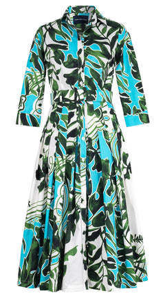 Audrey Dress #2 Shirt Collar 3/4 Sleeve Midi Length Cotton Stretch (Como Lake Garden White)