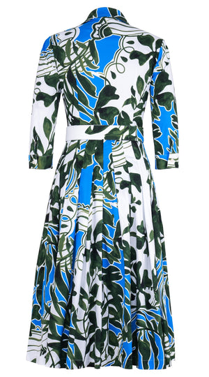 Audrey Dress #2 Shirt Collar 3/4 Sleeve Midi Length Cotton Stretch (Como Lake Garden White)