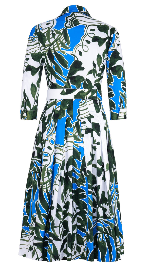 Audrey Dress #2 Shirt Collar 3/4 Sleeve Midi Length Cotton Stretch (Como Lake Garden White)