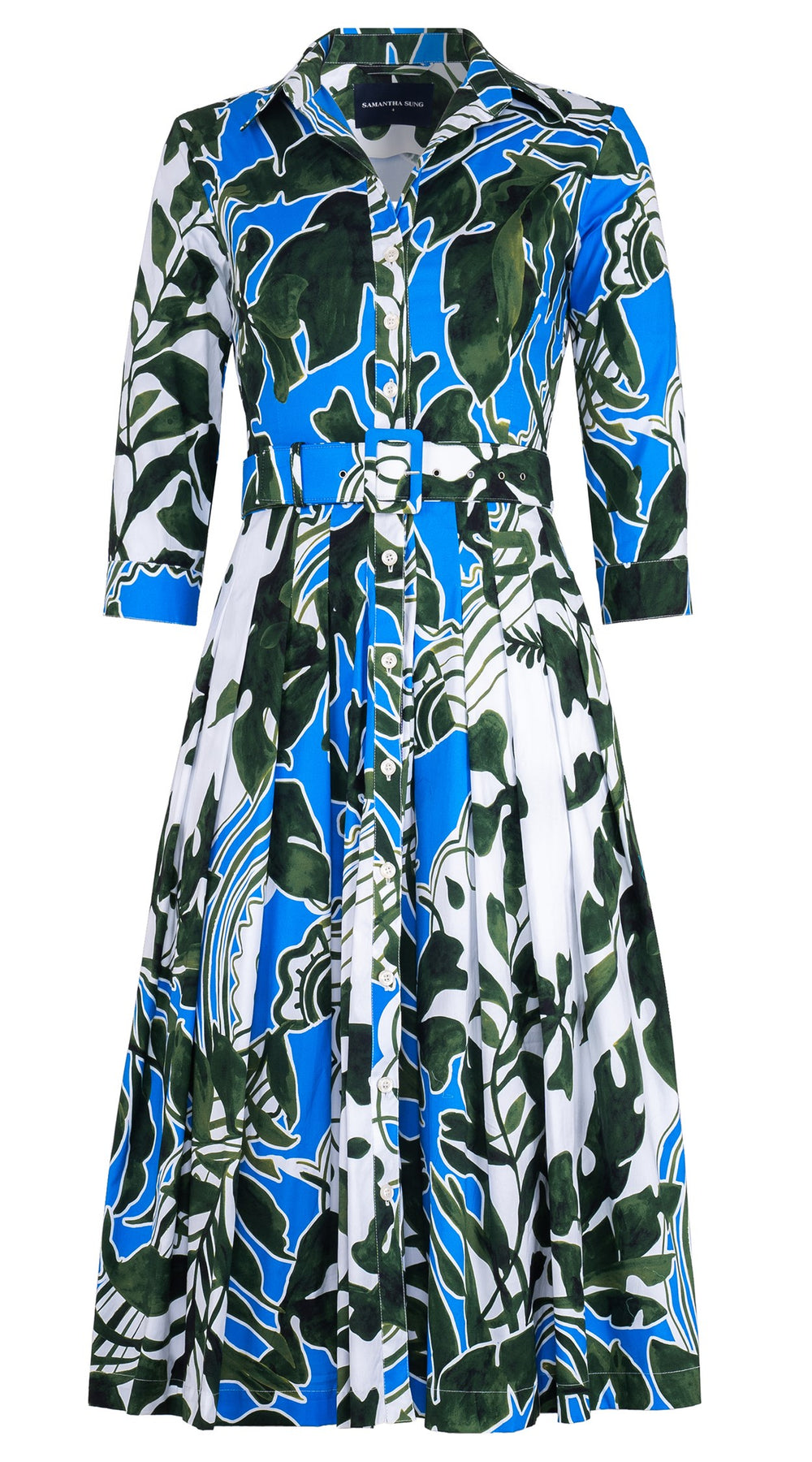 Audrey Dress #2 Shirt Collar 3/4 Sleeve Midi Length Cotton Stretch (Como Lake Garden White)
