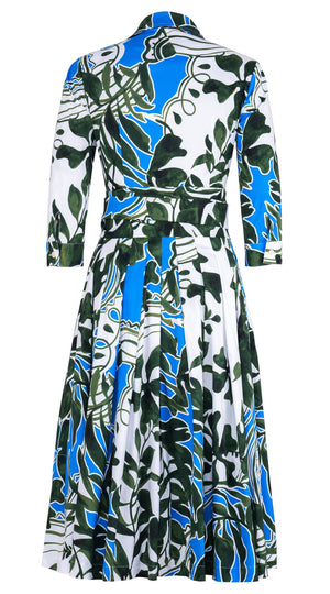 Audrey Dress #2 Shirt Collar 3/4 Sleeve Midi Length Cotton Stretch (Como Lake Garden White)