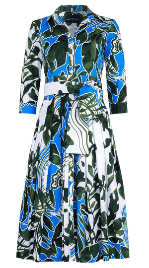 Audrey Dress #2 Shirt Collar 3/4 Sleeve Midi Length Cotton Stretch (Como Lake Garden White)