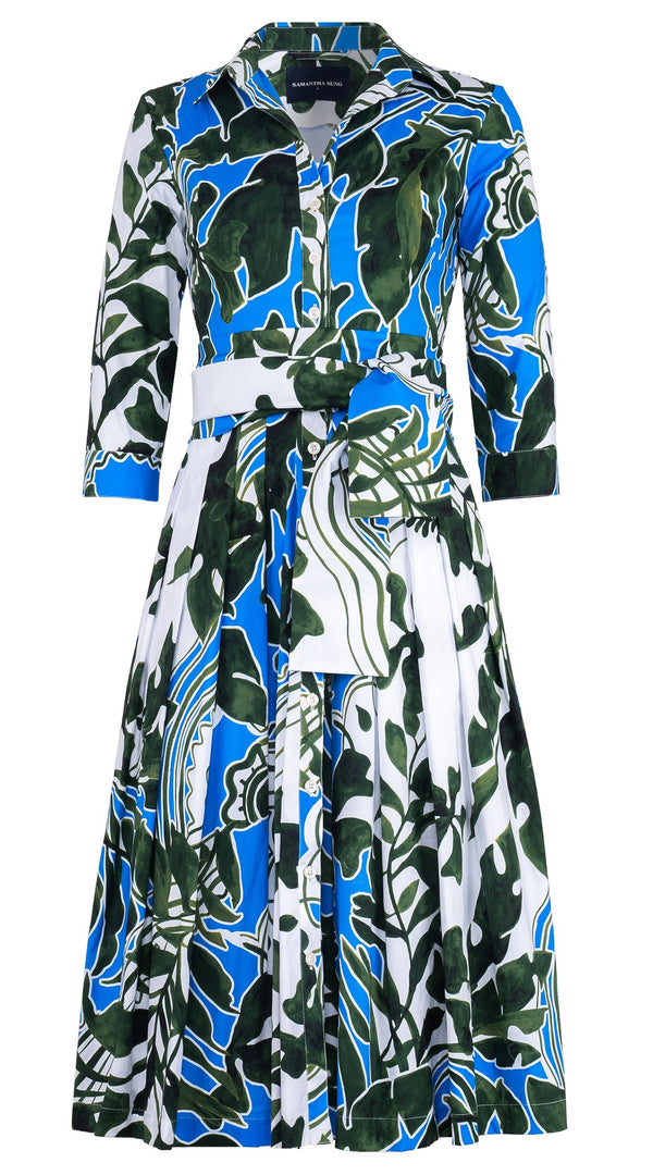 Audrey Dress #2 Shirt Collar 3/4 Sleeve Midi Length Cotton Stretch (Como Lake Garden White)