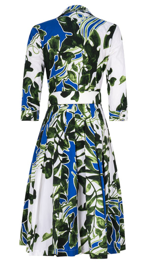 Audrey Dress #2 Shirt Collar 3/4 Sleeve Long Length Cotton Stretch (Como Lake Garden White)