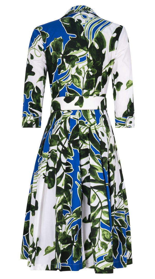 Audrey Dress #2 Shirt Collar 3/4 Sleeve Long Length Cotton Stretch (Como Lake Garden White)