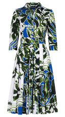 Audrey Dress #2 Shirt Collar 3/4 Sleeve Long Length Cotton Stretch (Como Lake Garden White)