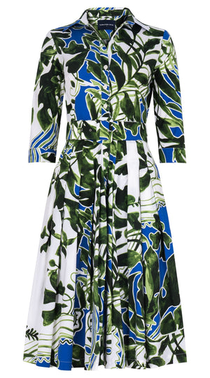 Audrey Dress #2 Shirt Collar 3/4 Sleeve Long Length Cotton Stretch (Como Lake Garden White)