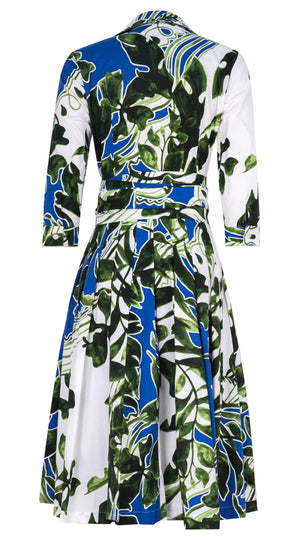 Audrey Dress #2 Shirt Collar 3/4 Sleeve Long Length Cotton Stretch (Como Lake Garden White)