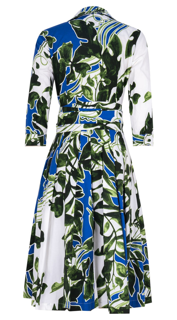 Audrey Dress #2 Shirt Collar 3/4 Sleeve Long Length Cotton Stretch (Como Lake Garden White)