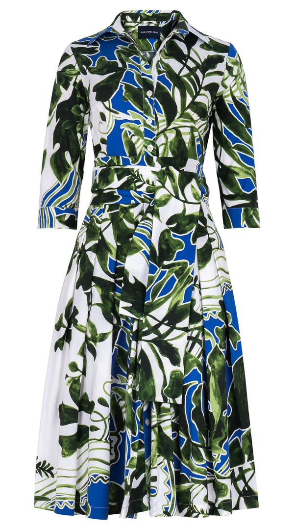 Audrey Dress #2 Shirt Collar 3/4 Sleeve Long Length Cotton Stretch (Como Lake Garden White)