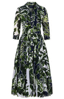 Aster Dress Shirt Collar 3/4 Sleeve Midi Length Cotton Musola (Como Lake Garden White)