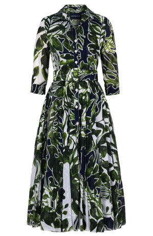 Aster Dress Shirt Collar 3/4 Sleeve Midi Length Cotton Musola (Como Lake Garden White)