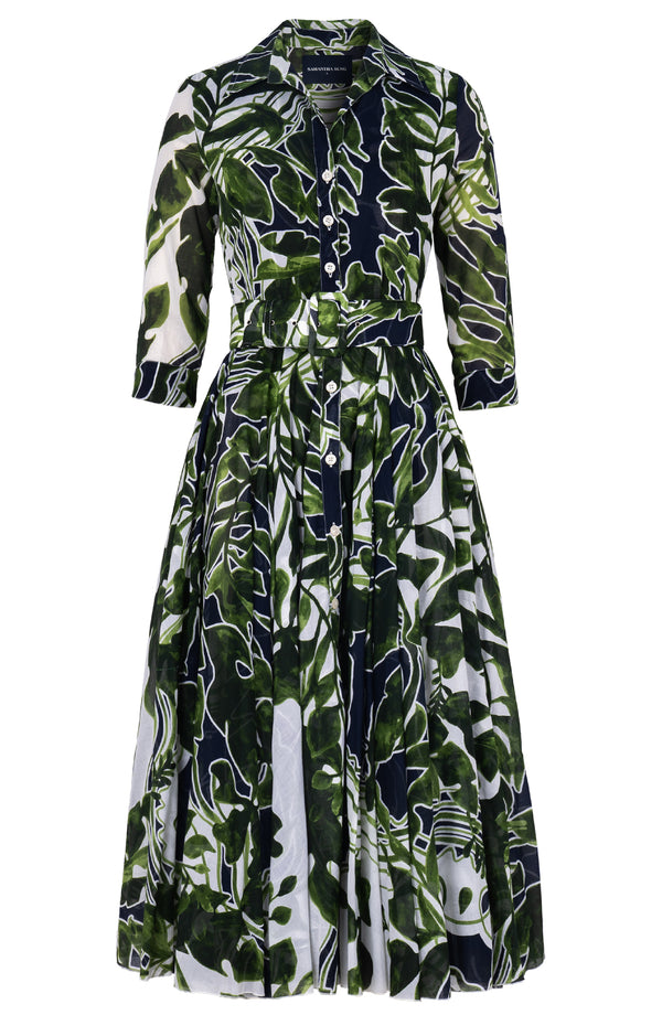 Aster Dress Shirt Collar 3/4 Sleeve Midi Length Cotton Musola (Como Lake Garden White)