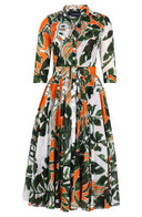 Aster Dress Shirt Collar 3/4 Sleeve Midi Length Cotton Musola (Como Lake Garden White)