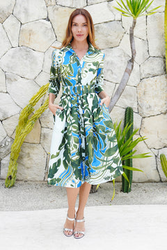 Audrey Dress #1 Shirt Collar 3/4 Sleeve Long Length Poliamide Taffta (Como Lake Garden Pastel)