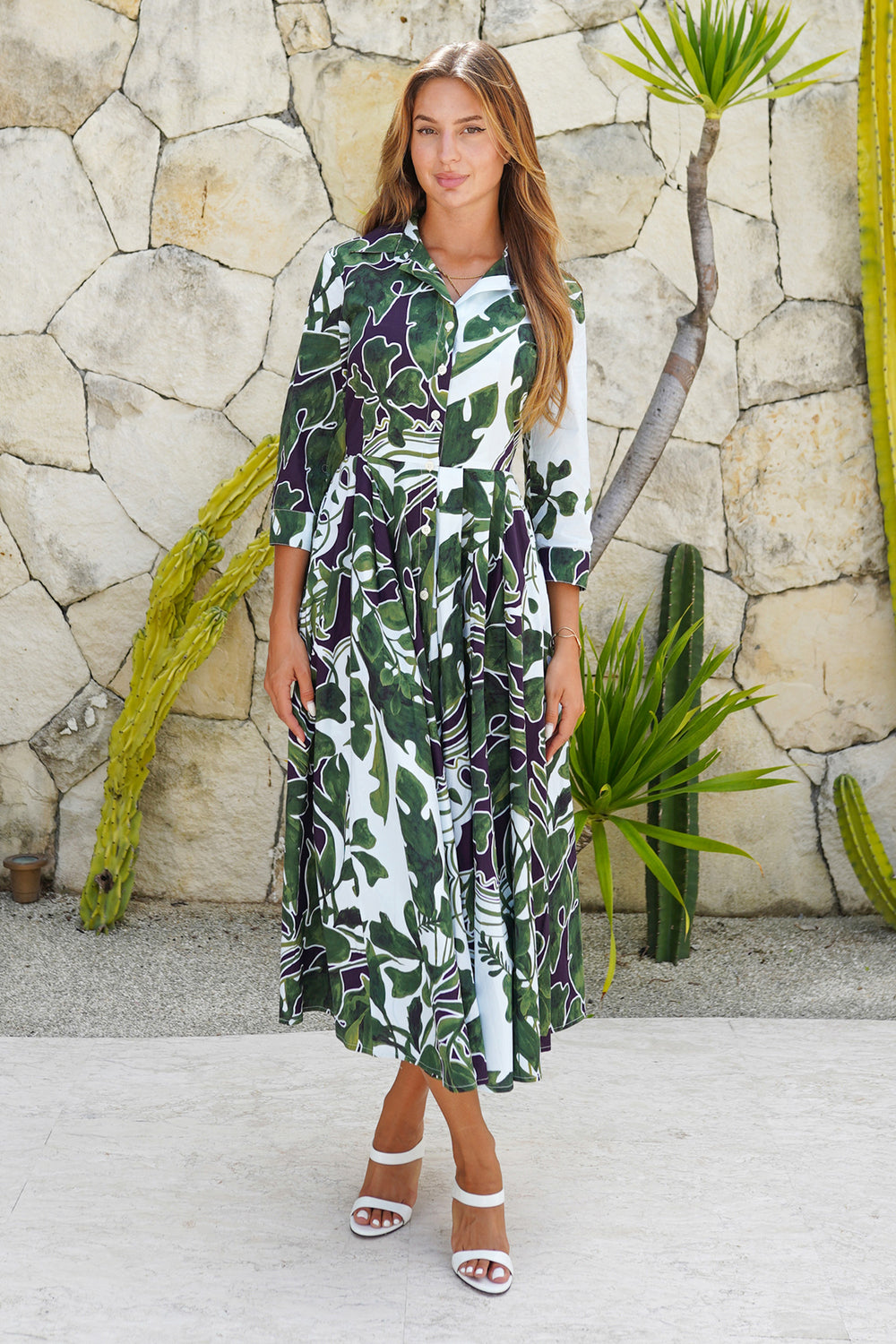 Laurent Dress Shirt Collar 3/4 Sleeve Midi Length Cotton Stretch (Como Lake Garden Pastel)