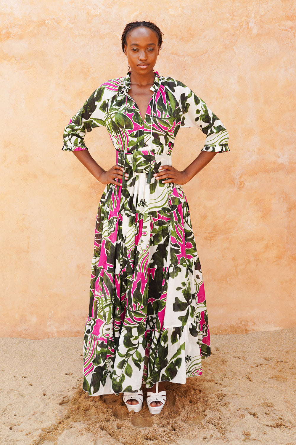 Eden Dress Crew Neck 3/4 Sleeve Maxi Length Cotton Musola (Como Lake Garden White)