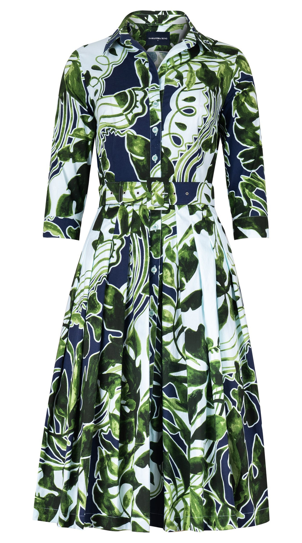 Audrey Dress #2 Shirt Collar 3/4 Sleeve Long Length Cotton Stretch (Como Lake Garden Pastel)