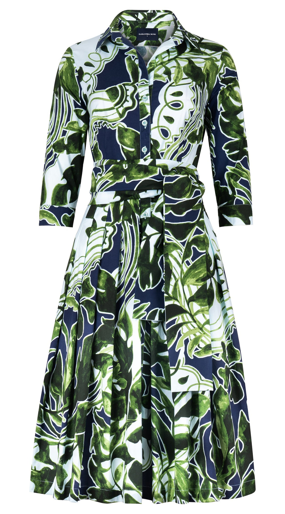 Audrey Dress #2 Shirt Collar 3/4 Sleeve Long Length Cotton Stretch (Como Lake Garden Pastel)