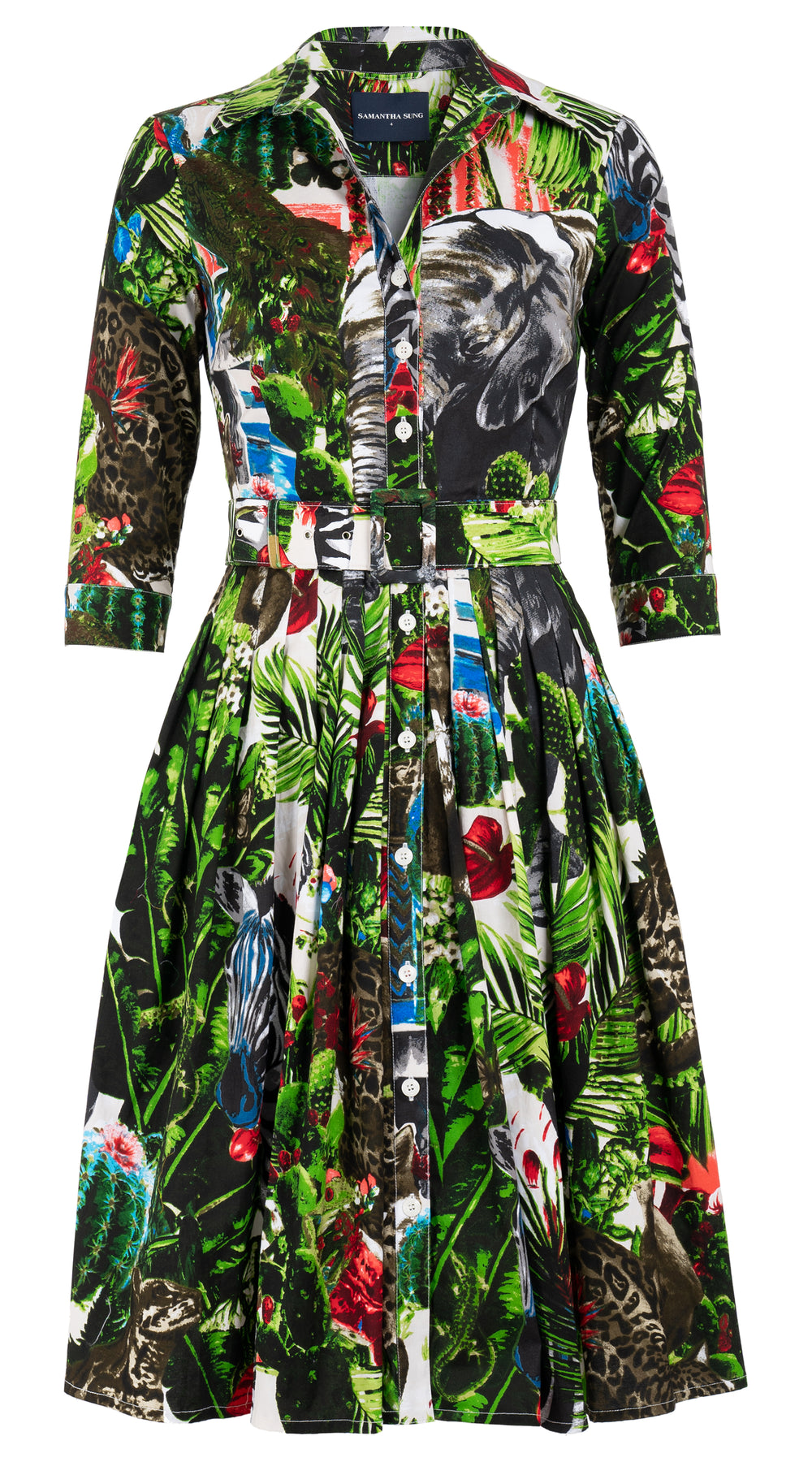 Audrey Dress #1 Shirt Collar 3/4 Sleeve Long Length Cotton Stretch (Congo Jungle)