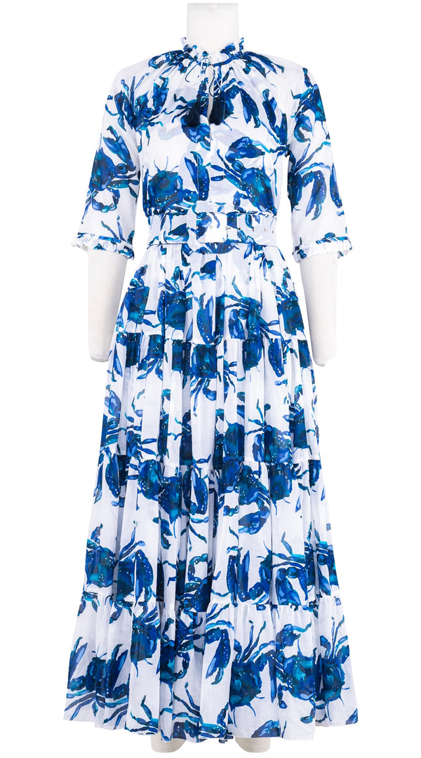 Eva Dress Crew Neck 3/4 Sleeve Maxi Length Cotton Musola (Crab Art)