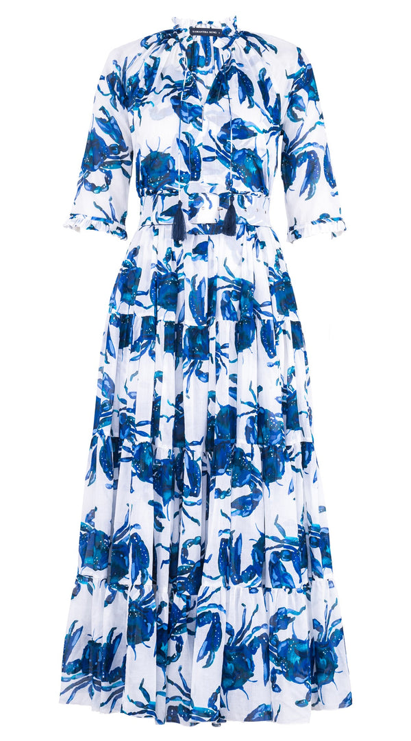 Eva Dress Crew Neck 3/4 Sleeve Maxi Length Cotton Musola (Crab Art)