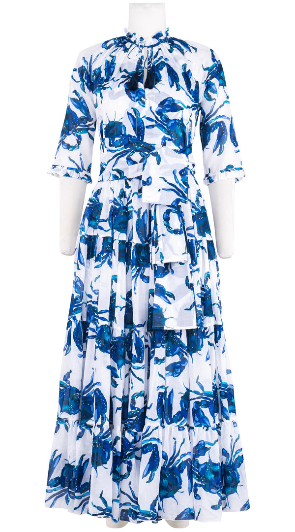 Eva Dress Crew Neck 3/4 Sleeve Maxi Length Cotton Musola (Crab Art)