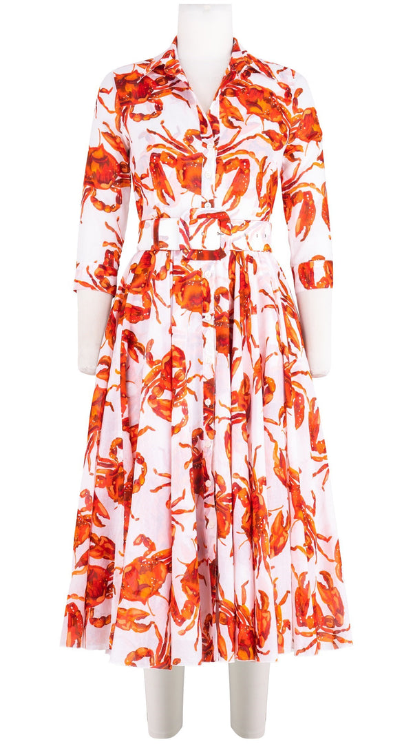Aster Dress Shirt Collar 3/4 Sleeve Midi Length Cotton Musola (Crab Art)