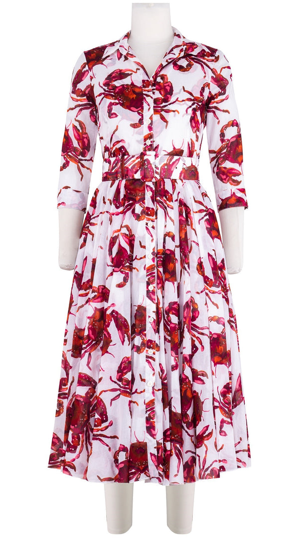 Aster Dress Shirt Collar 3/4 Sleeve Midi Length Cotton Musola (Crab Art)