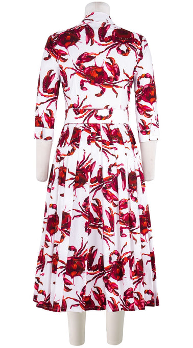 Audrey Dress #4 Shirt Collar 3/4 Sleeve Midi Length Cotton Stretch (Crab Art)
