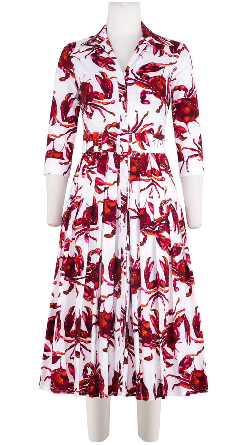 Audrey Dress #4 Shirt Collar 3/4 Sleeve Midi Length Cotton Stretch (Crab Art)