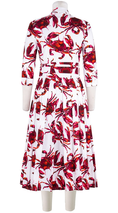 Audrey Dress #4 Shirt Collar 3/4 Sleeve Midi Length Cotton Stretch (Crab Art)