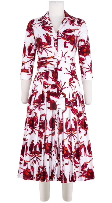 Audrey Dress #4 Shirt Collar 3/4 Sleeve Midi Length Cotton Stretch (Crab Art)