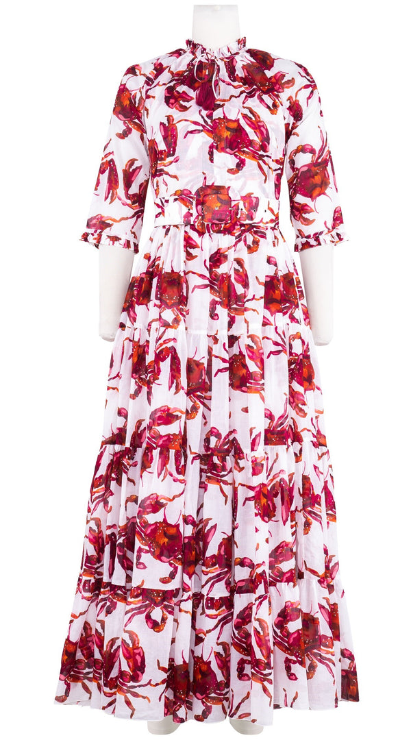 Eva Dress Crew Neck 3/4 Sleeve Maxi Length Cotton Musola (Crab Art)