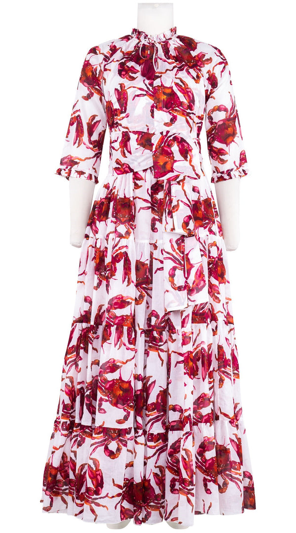 Eva Dress Crew Neck 3/4 Sleeve Maxi Length Cotton Musola (Crab Art)
