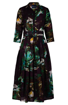 Audrey Dress #4 Shirt Collar 3/4 Sleeve Midi Length Wool (Crayon Flower) - Burgundy