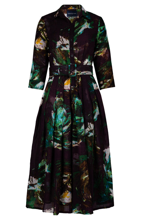 Audrey Dress #4 Shirt Collar 3/4 Sleeve Midi Length Wool (Crayon Flower) - Burgundy