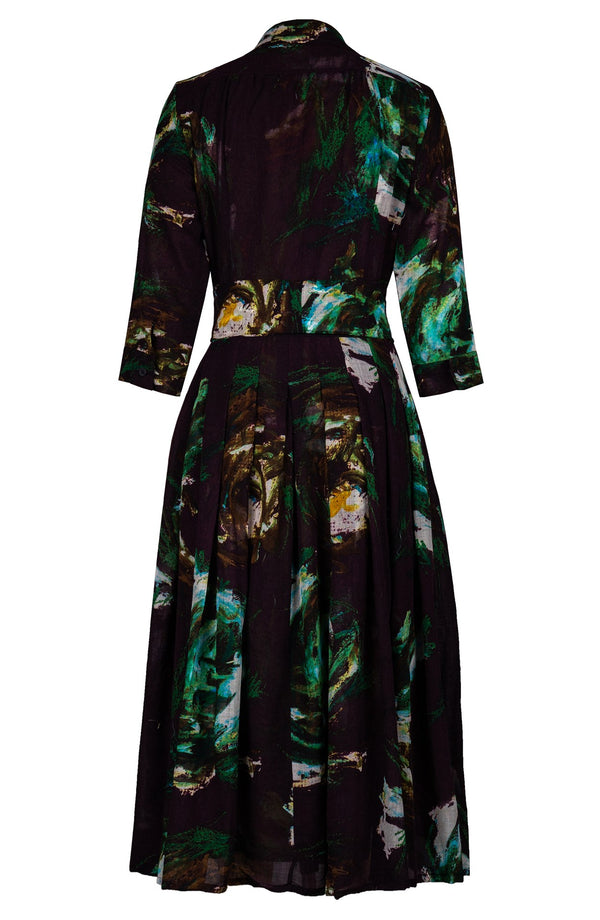 Audrey Dress #4 Shirt Collar 3/4 Sleeve Midi Length Wool (Crayon Flower) - Burgundy