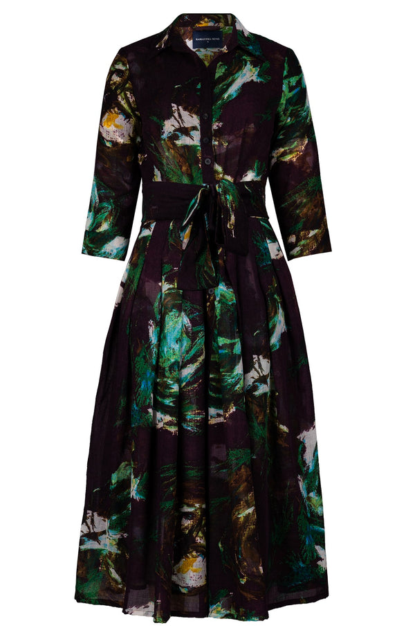 Audrey Dress #4 Shirt Collar 3/4 Sleeve Midi Length Wool (Crayon Flower) - Burgundy