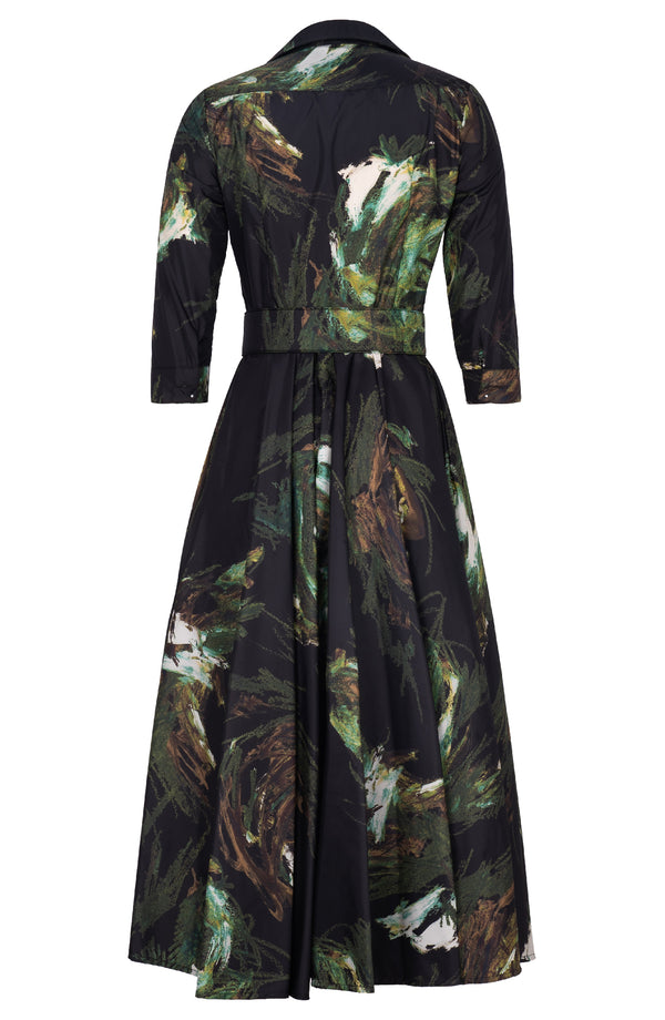 Aster Dress Shirt Collar 3/4 Sleeve Midi Plus Length Poliamide Taffta (Crayon Flower)