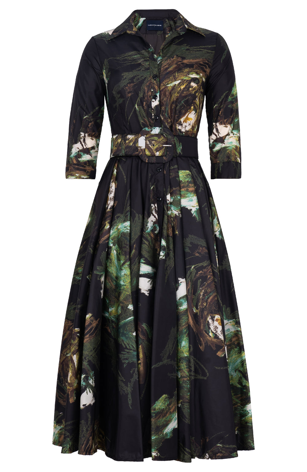 Aster Dress Shirt Collar 3/4 Sleeve Midi Plus Length Poliamide Taffta (Crayon Flower)