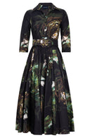 Aster Dress Shirt Collar 3/4 Sleeve Midi Plus Length Poliamide Taffta (Crayon Flower)